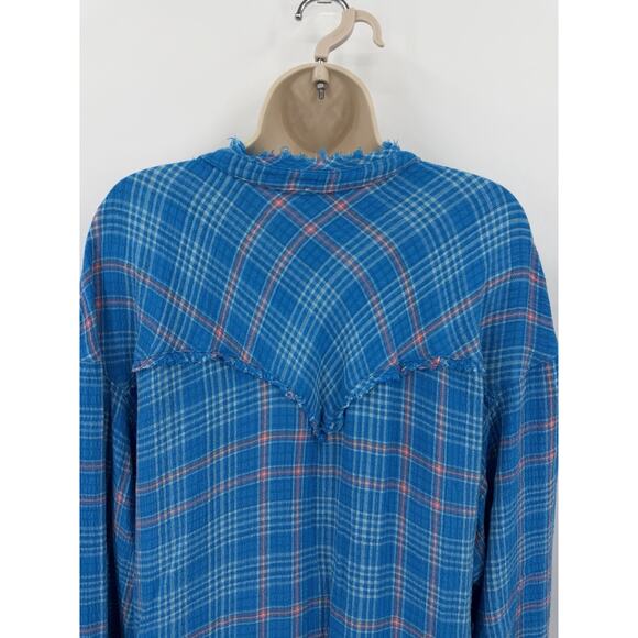 Free People Intimately Blue Plaid Long Sleeve PJ Top/Night Shirt Dress Large - Picture 8 of 12